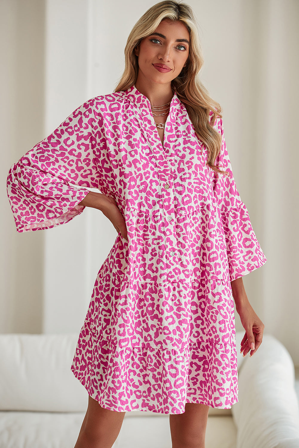 Bright Pink Leopard Print Flounce Sleeve Mini Dress Short Dresses 08f6fe0fc2ea1f23