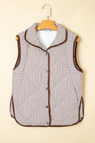 Brown Striped Snap Button Scalloped Hem Winter Vest Coats 08fb8589935ffdd2