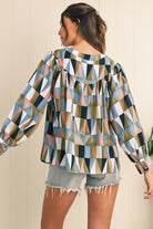 Green Geometric Print Button Balloon Sleeve Loose Fit Shirt Blouses 0907b1636016fa60