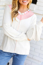 White Rainbow Striped V Neck Colorblock French Terry Top Long Sleeve Tops 0919d7ed8eac0159