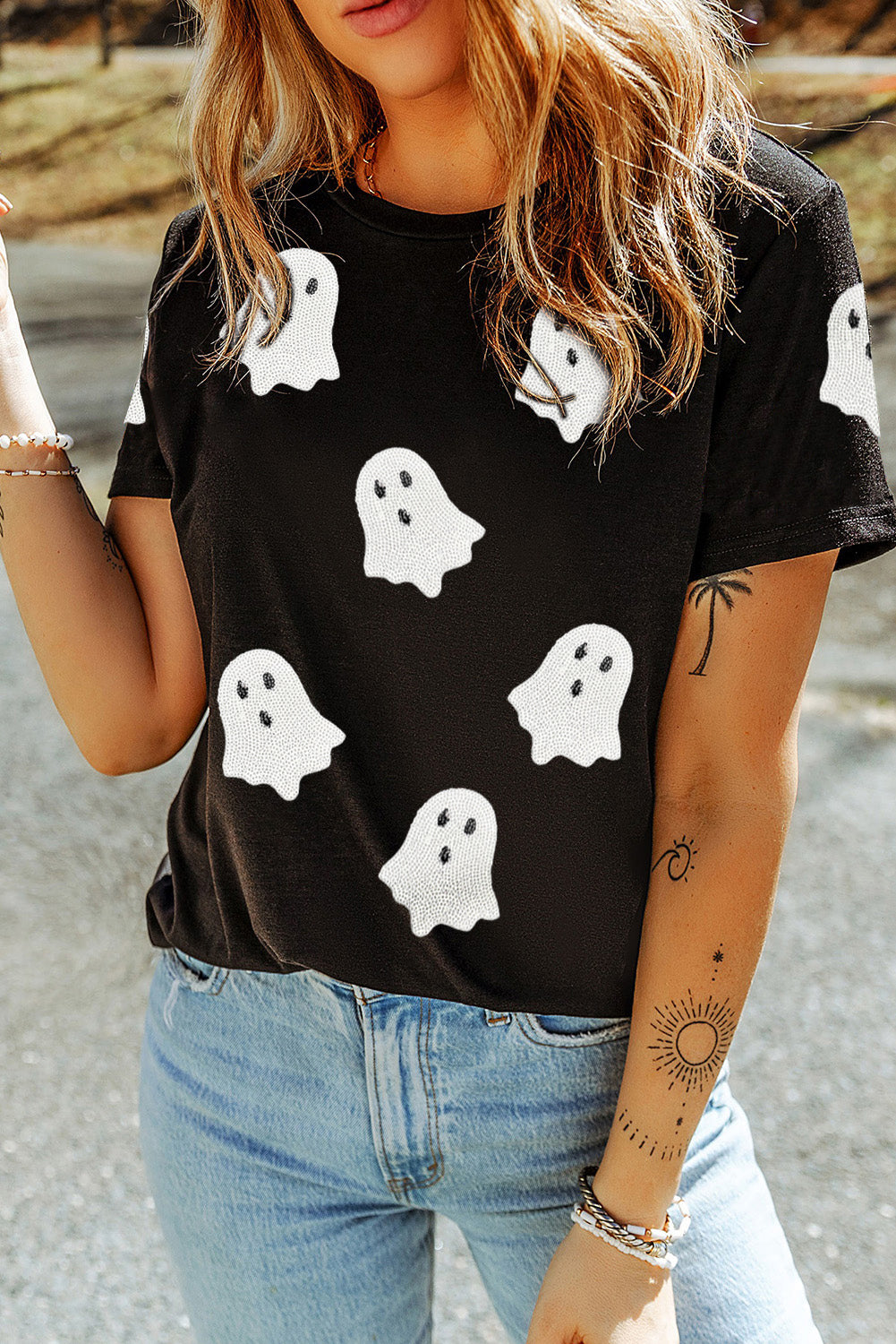 Sachet Pink Halloween Ghost Sequins Patch Casual T Shirt Graphic Tees 091fb0a0537394a8