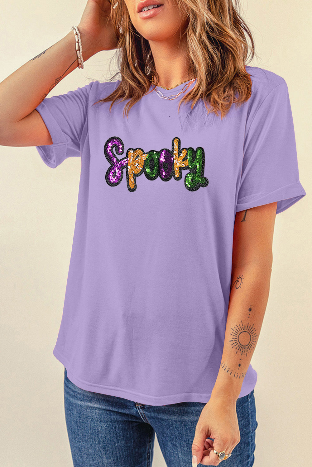 Wisteria Spooky Sequin Letter Patched Cotton Blend T Shirt Graphic Tees 0974f883be3ccb52