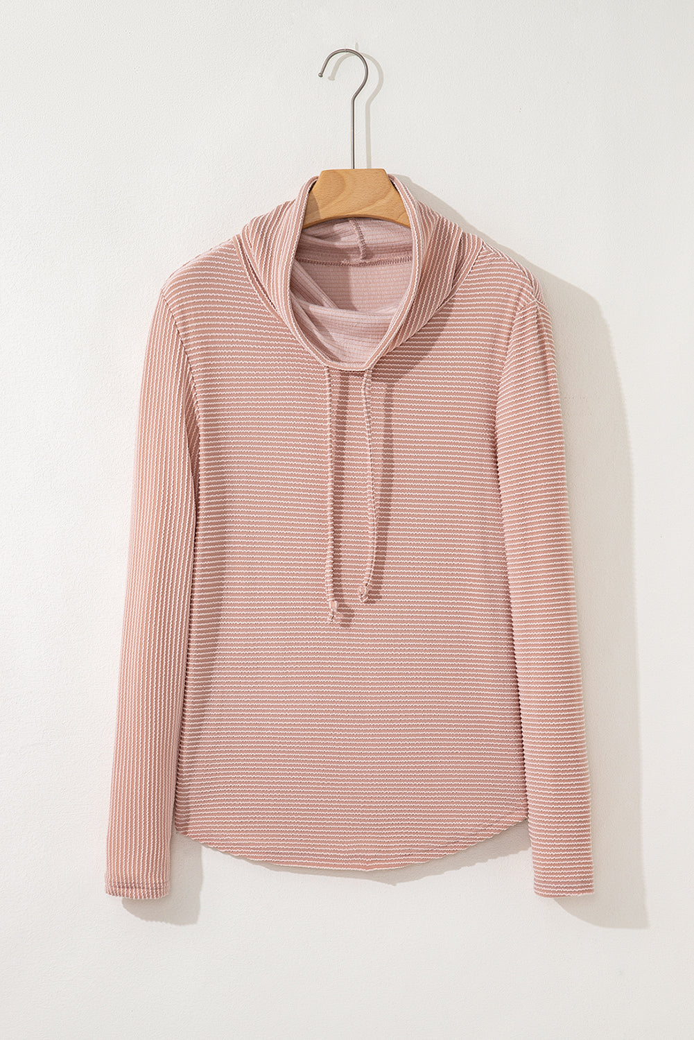 Apricot Pink Horizontal Twist Ribbed Drawstring Cowl Neck Knit Top Long Sleeve Tops 097697327f8fca48