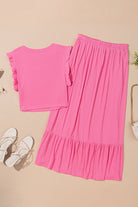 Bonbon Textured Ruffle Trim Crop Top and Drawstring Skirt Set Two Piece Skirt Sets 0976eb80b7cfa29c