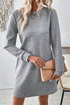 Gray Solid Color Textured Long Sleeve Shift Short Dress Short Dresses 097e349cbc018aa2