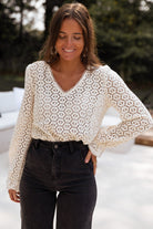 Beige Flower Lace V Neck Puff Sleeve Top Blouses 0981710f50476803