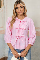 Pink Striped Print Sweet Bow Tie Blouse Blouses 099b162fc37c4fe3