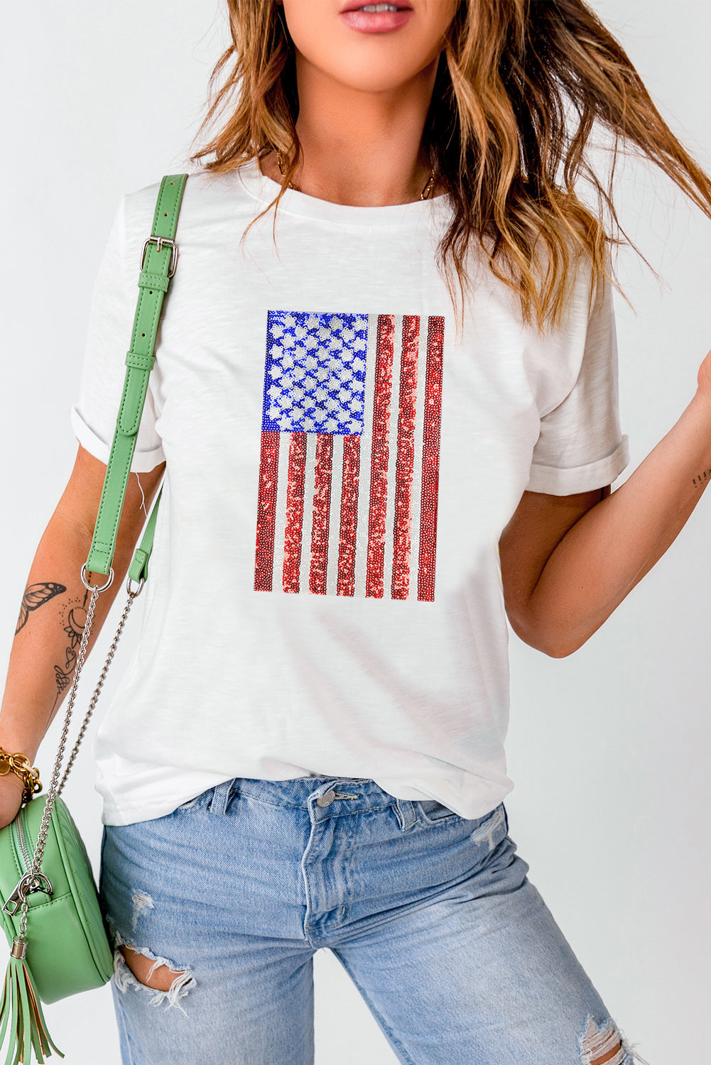 White Shimmery USA Flag Graphic Round Neck Tee Graphic Tees 09ac741c8fda65d9