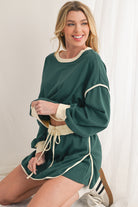 Evergreen Contrast Trim Loose Pullover and Lace-up Waist Skort Set Two Piece Shorts Sets 09daf76bf2c0cedc