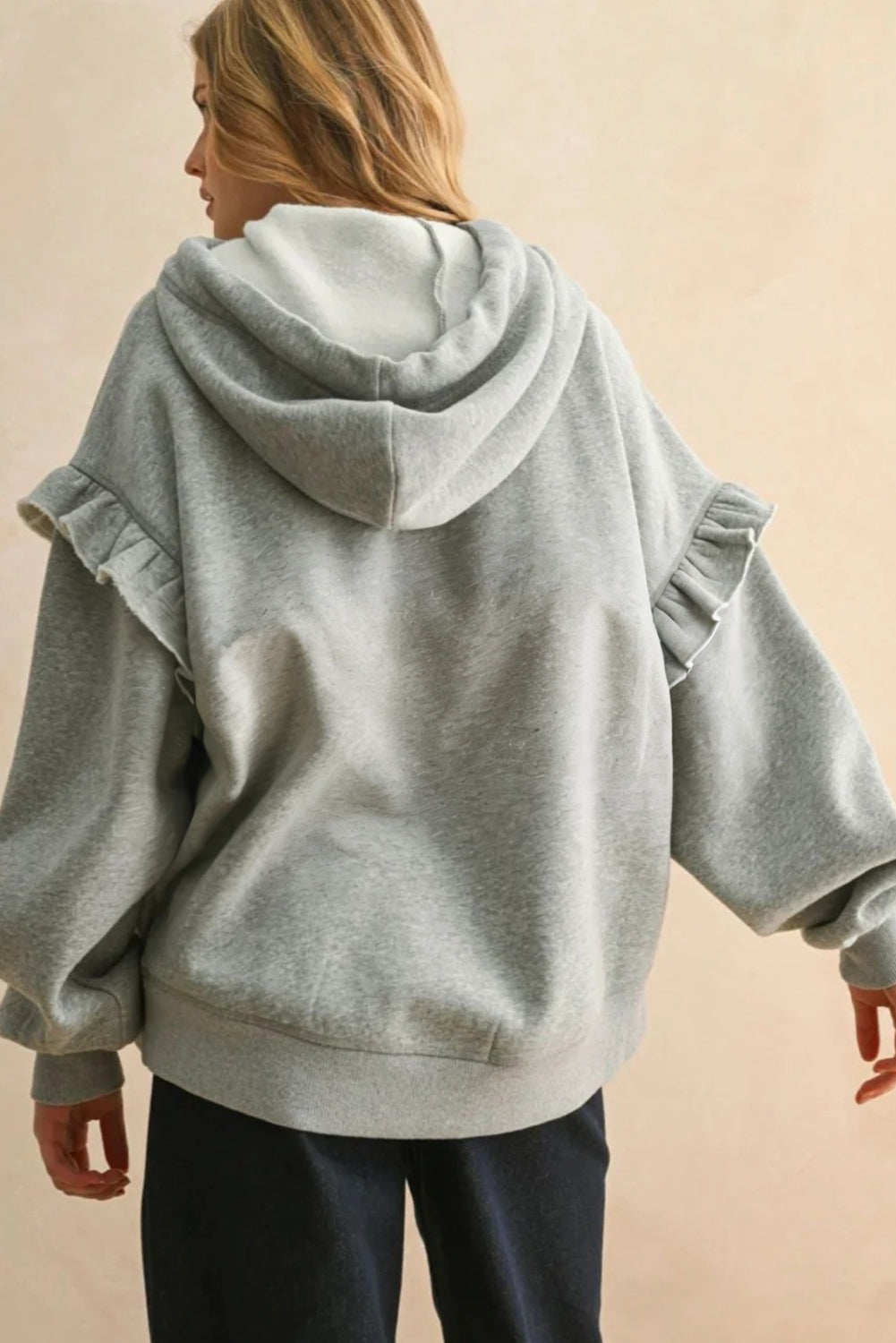 Gray Solid Ruffle Pocket Drawstring Long Sleeve Hoodie Sweatshirts & Hoodies 09fe790d886b6030
