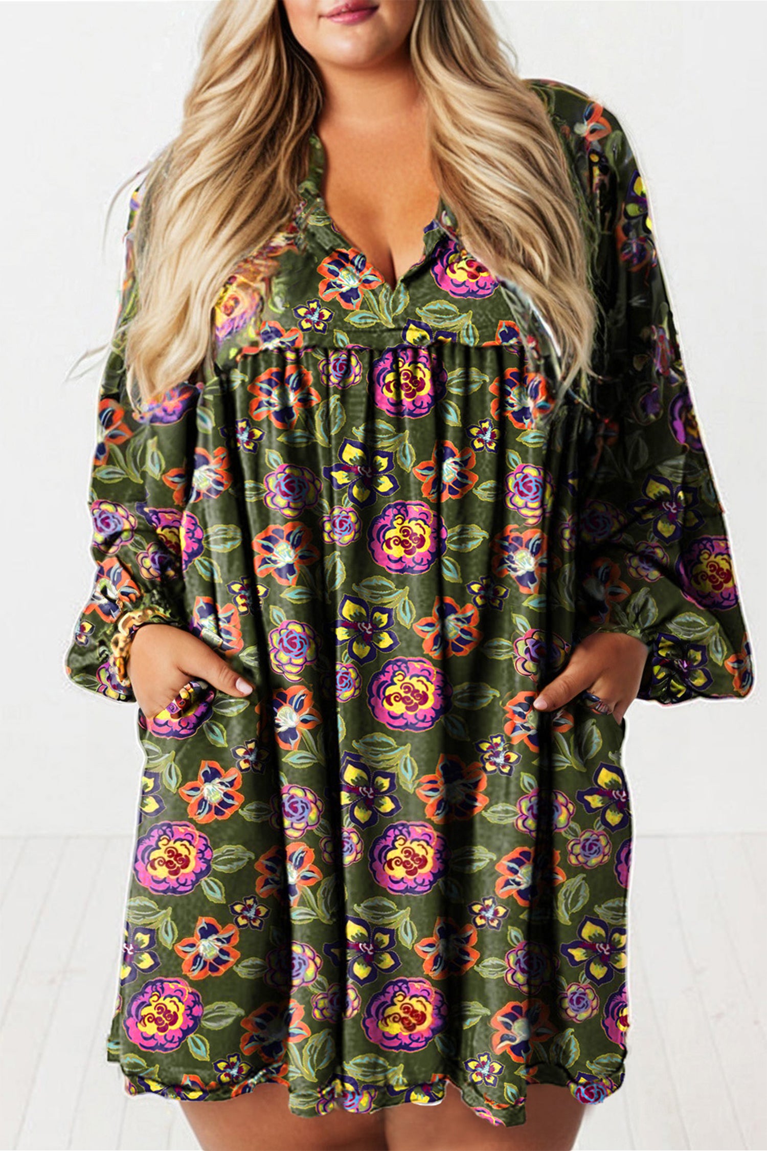 Green Plus Size Floral Print Collared V Neck Loose Mini Dress Plus Size Mini Dresses 0a028a916a230081