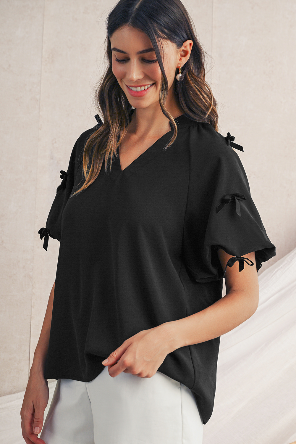 Black V Neck Bow Detail Puff Sleeve Blouse Blouses 0a1846228dea29fd