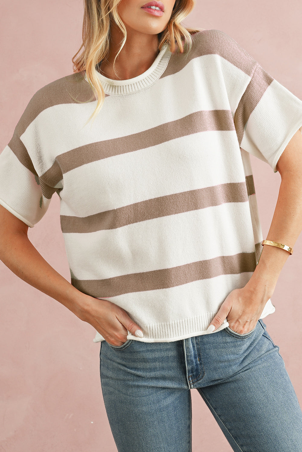 Khaki Striped Drop Shoulder Knitted Top Knit Tops 0a7b655bc842caee