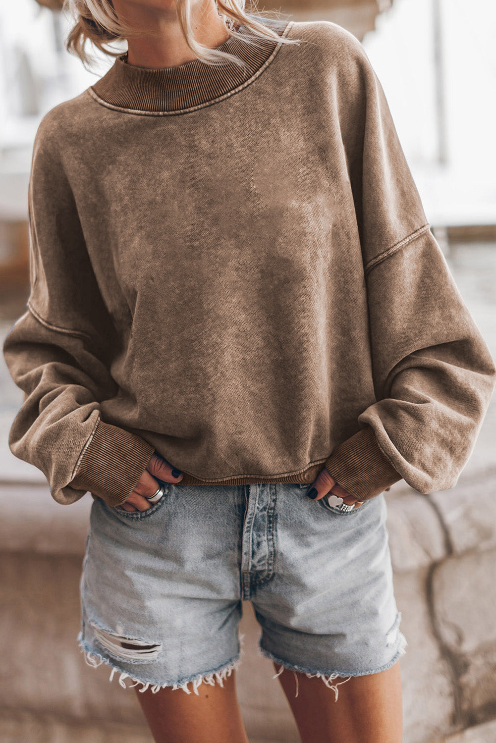 Brown Plain Drop Shoulder Crew Neck Pullover Sweatshirt Sweatshirts & Hoodies 0a8c530bc0c34f09