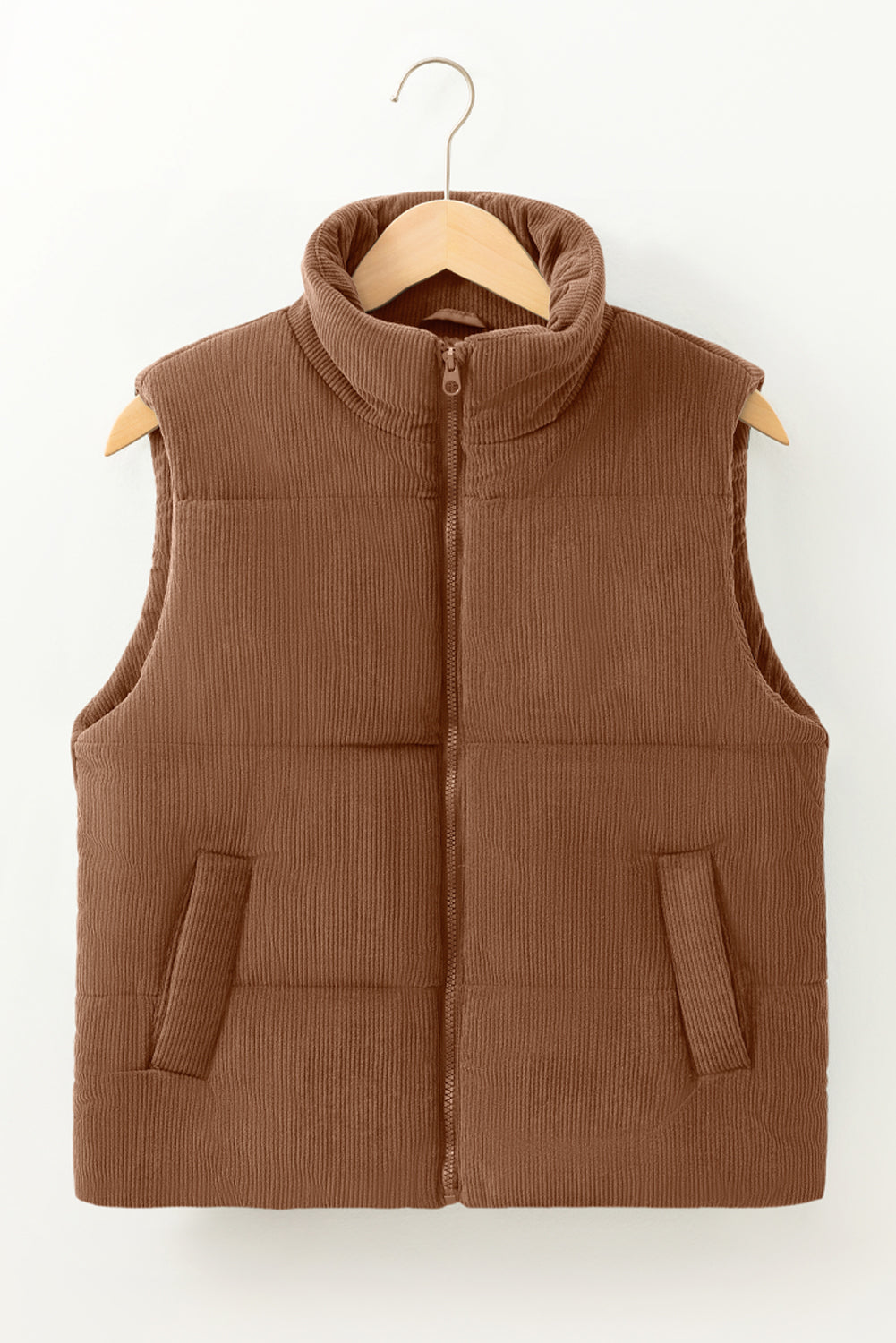 Beige Corduroy Stand Neck Zipped Puffer Vest Vests 0a8cc383fe718b26