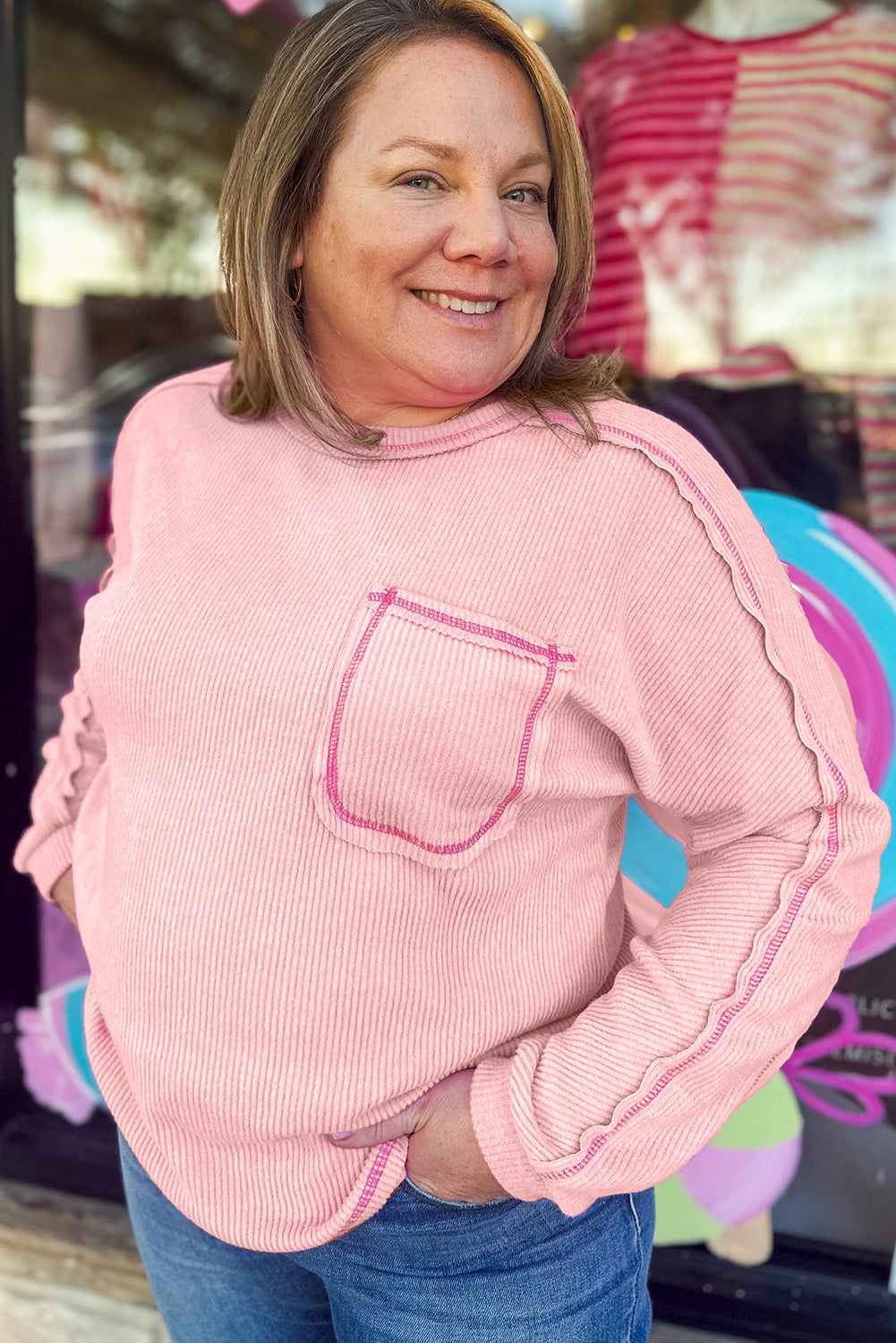 Bonbon Ribbed Exposed Seam Chest Pocket Plus Size Long Sleeve Top Plus Size Tops 0abd1095298bbaad