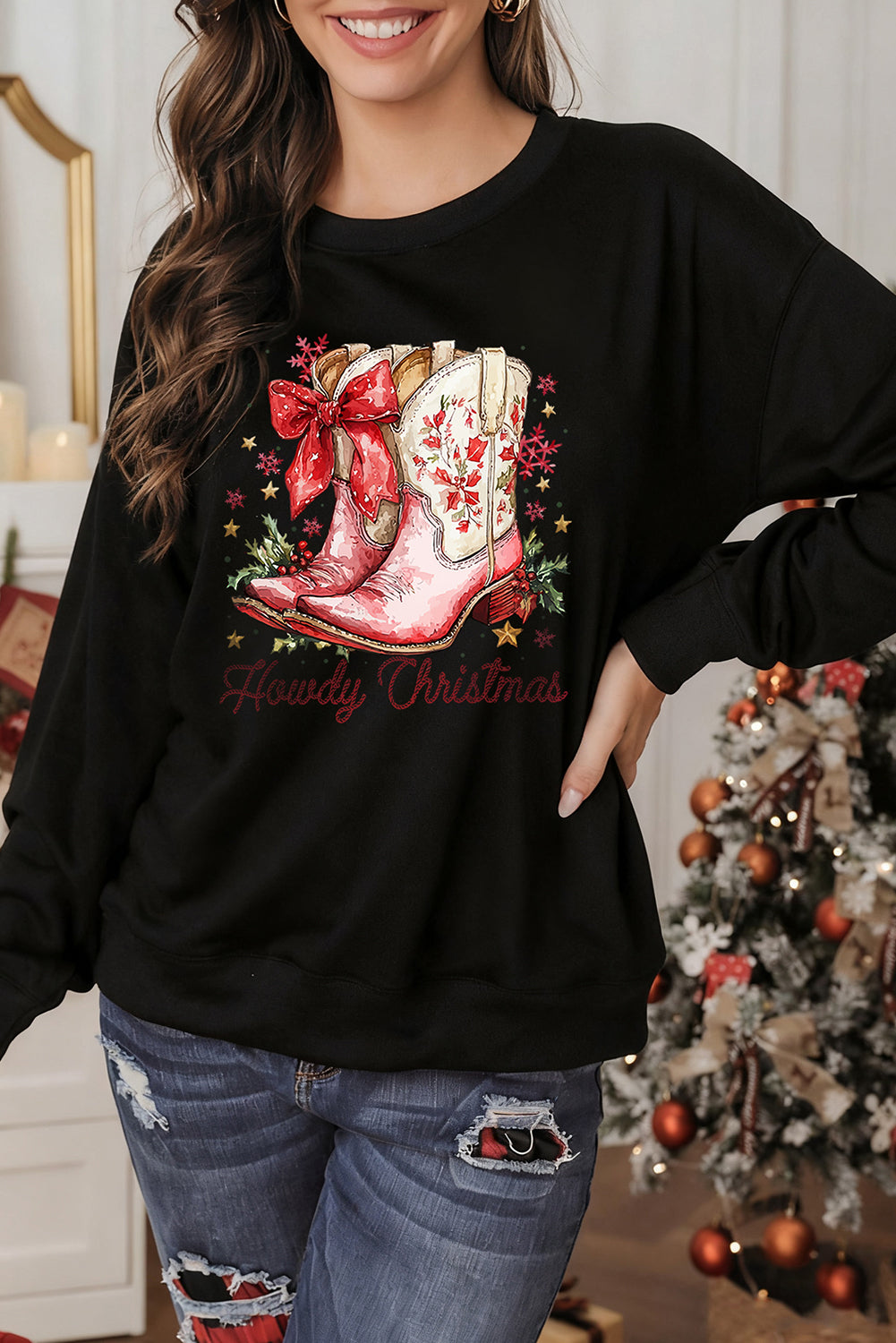 Black Howdy Christmas Boots Heat Transfer Printing Baggy Sweatshirt Graphic Sweatshirts 0abd66cc5b36ae8f