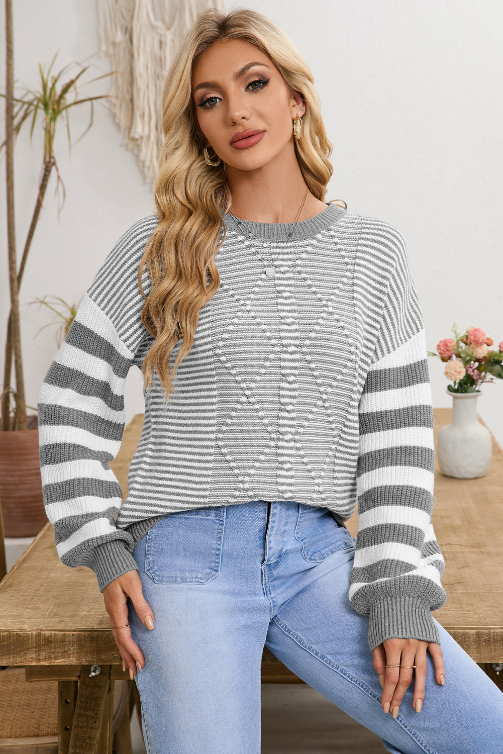 Gray Stripe Twisted Knitted Drop Shoulder Sweater Sweaters 0add874dccfb5d6e