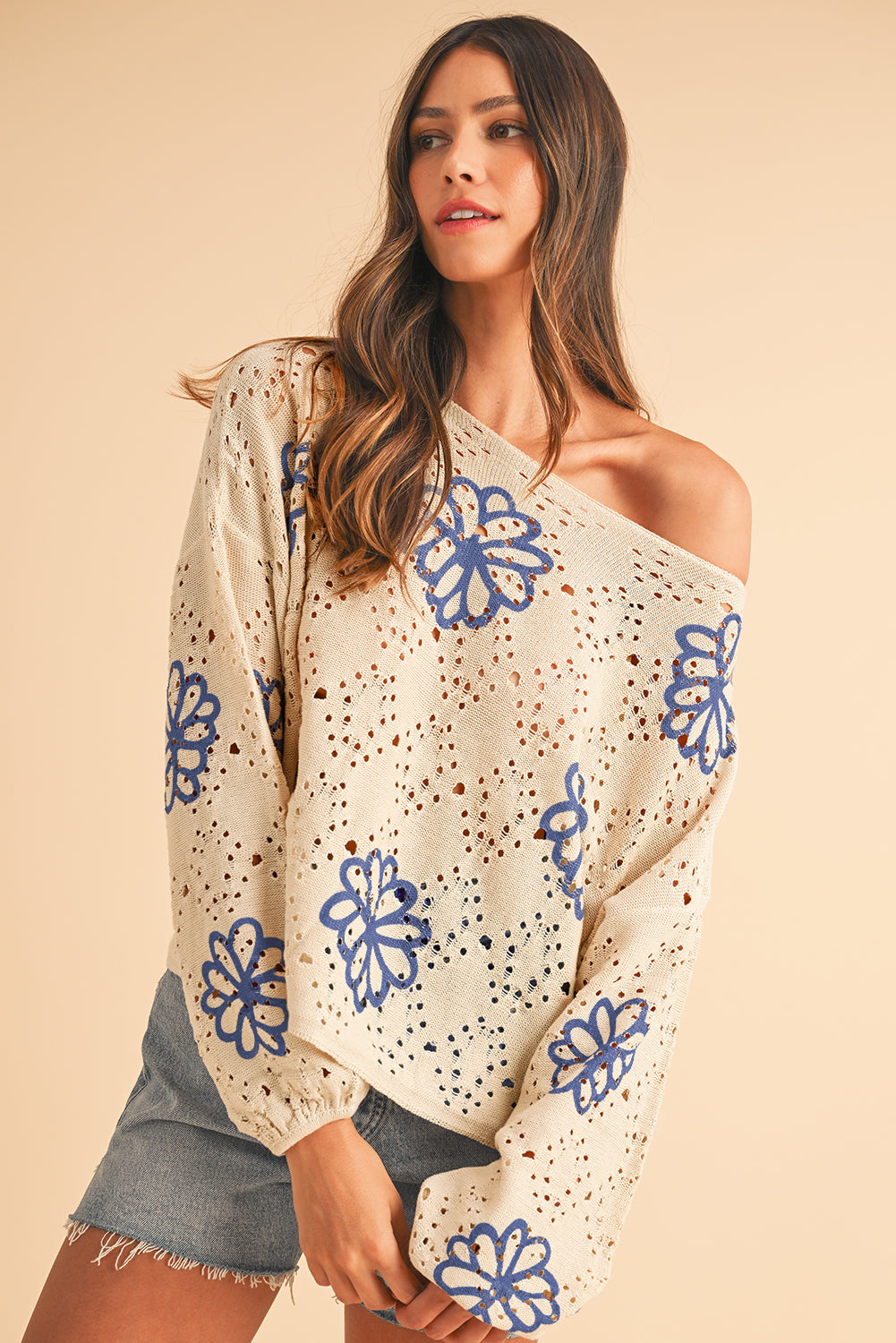 Beige Flower Print Drop Shoulder Hollow Knit Sweater Knit Tops 0ae5eb6708f53110