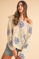 Beige Flower Print Drop Shoulder Hollow Knit Sweater Knit Tops 0ae5eb6708f53110