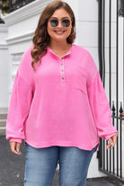 Bonbon Chest Pocket Crinkle Drop Sleeve Plus Size Henley Top Plus Size Tops 0aec7b871672fdde