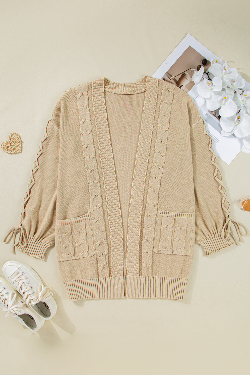 Parchment Cable Knit Braided Tie Sleeve Plus Size Knit Cardigan Plus Size Sweaters&Cardigans 0b273344d3c8e2da