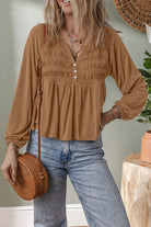Cinnamon Smocked Bust Buttoned Split V Neck Flowy Blouse Blouses 0b339589c0152326
