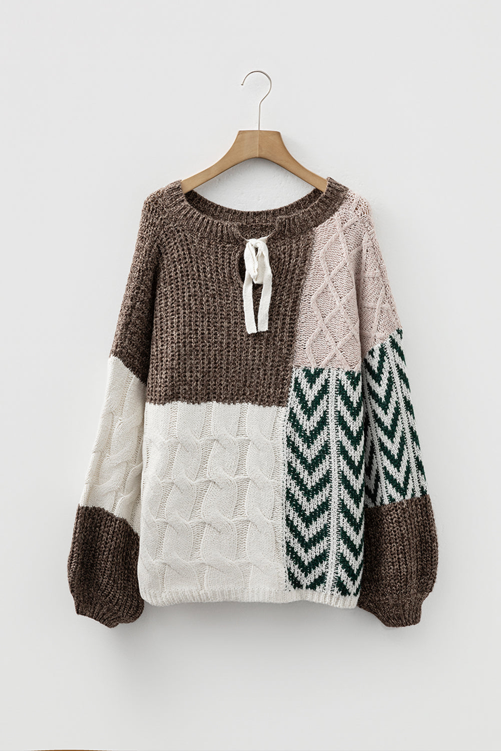 Brown Colorblock Patchwork Knotted Back Loose Fit Sweater Sweaters 0b3bfd1b95b919f3