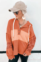 Cinnamon Striped Waffle Patchwork Drawstring Hooded Long Sleeve Top Long Sleeve Tops 0b47f7b3764a1cc1