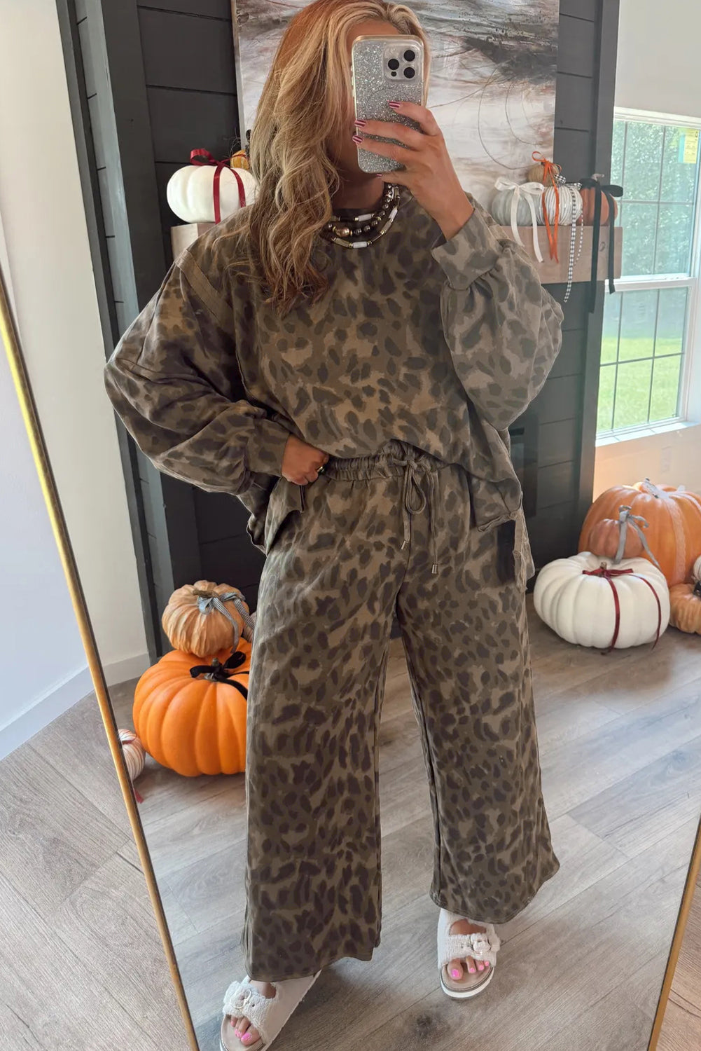 Brown Allover Leopard Print Pullover Drawstring Loose Pants Set Two Piece Pants Sets 0b5ef2c5c1636c29