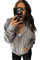 Gray Waffle Splicing Zip Up Front Button Hooded Jacket Jackets 0b64c3e1d47010a9