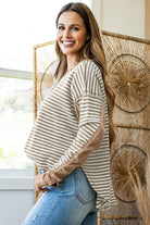 Khaki Stripe Patchwork Knit Drop Shoulder Top Long Sleeve Tops 0b74d3946836a837