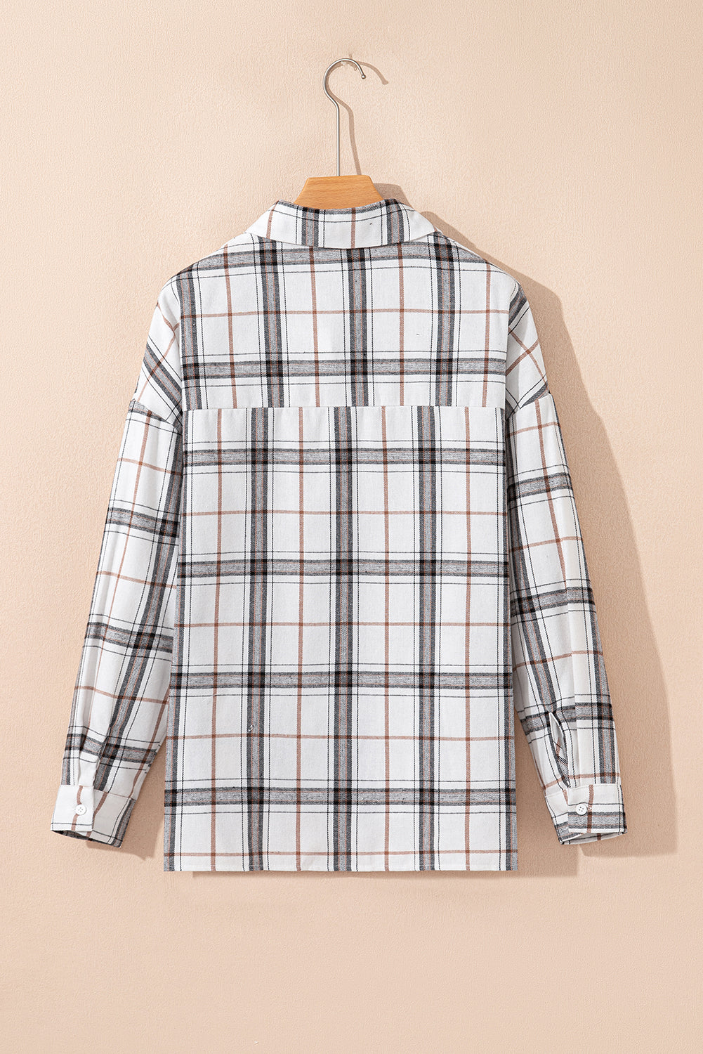 White Plaid Print Collared V Neck Loose Blouse with Side Slits Blouses 0b818ab5d7ddf2da