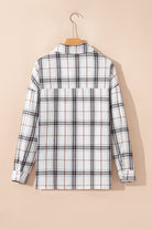White Plaid Print Collared V Neck Loose Blouse with Side Slits Blouses 0b818ab5d7ddf2da