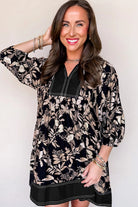 Black 3/4 Sleeve Botanical Print Split Neck Loose Mini Dress Mini Dresses 0bab071a356a4ba5