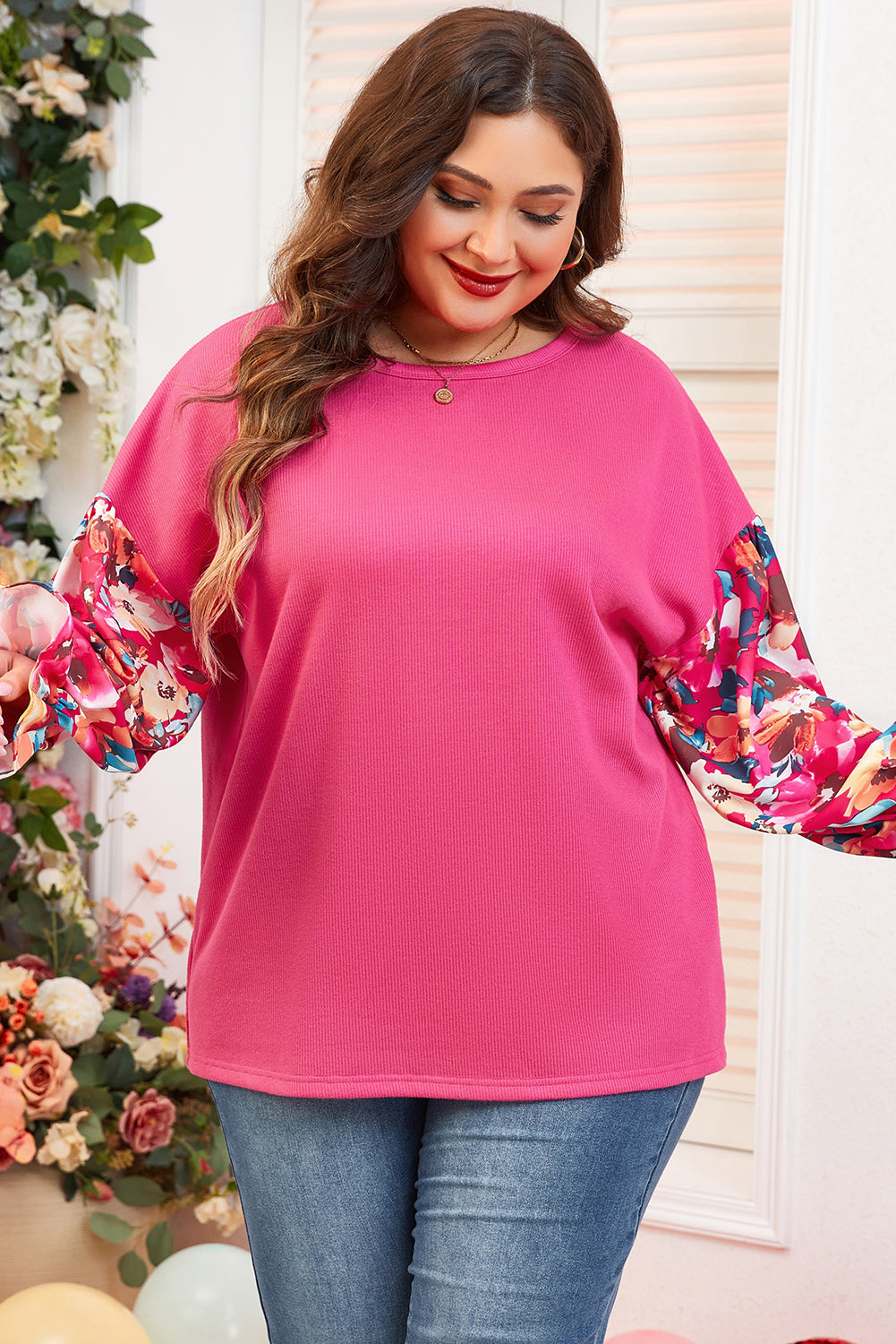 Bright Pink Floral Patchwork Flounce Sleeve Plus Knit Top Plus Size Tops 0bbb0ee72d3550b9
