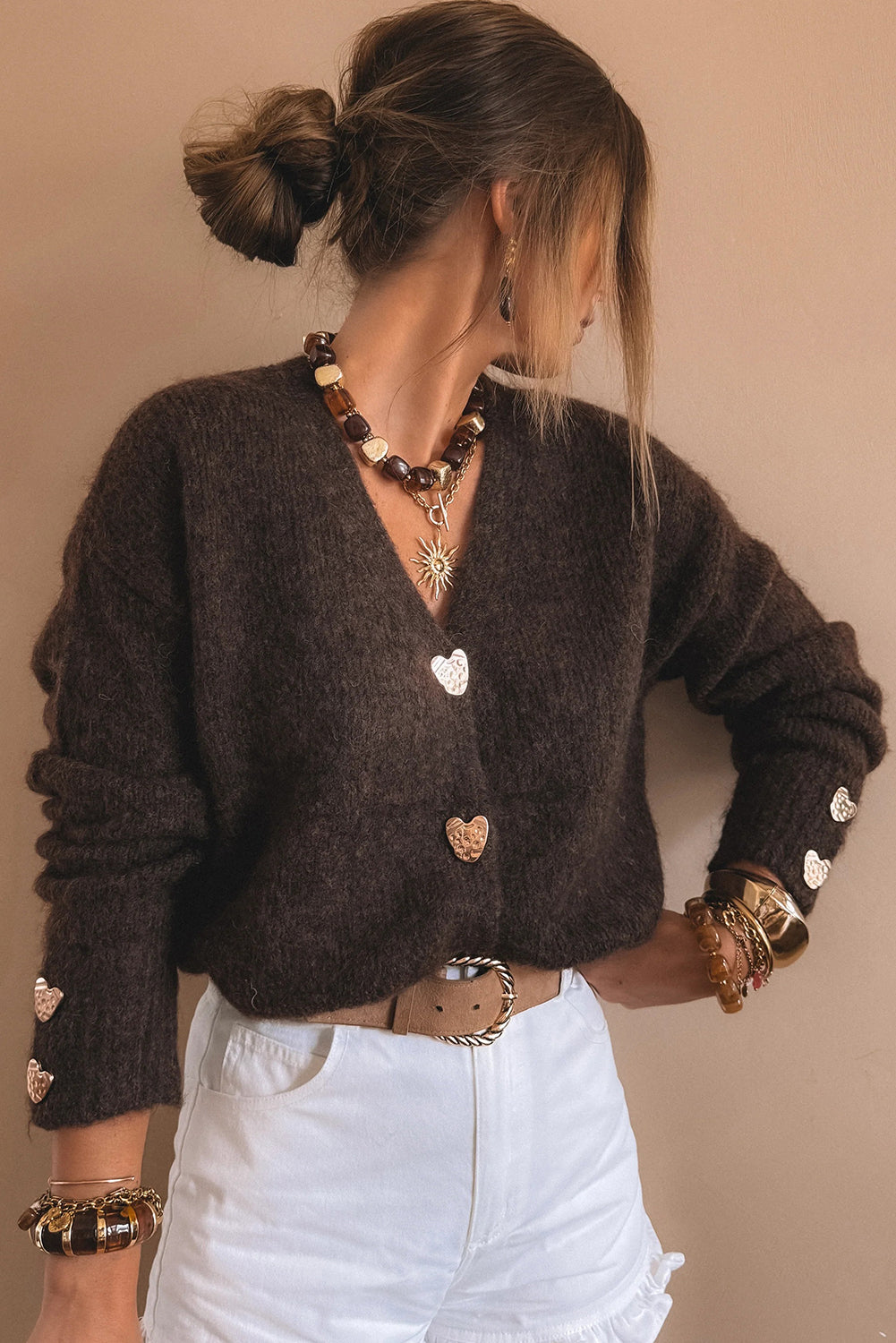 Chicory Coffee V Neck Metallic Heart Button Knit Cardigan Cardigans 0bbb38c8e3236e14