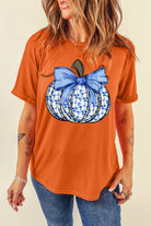 Orange Floral Pumpkin Bow Heat Transfer Printing Thanksgiving T Shirt Graphic Tees 0bc8e4ef55059eda