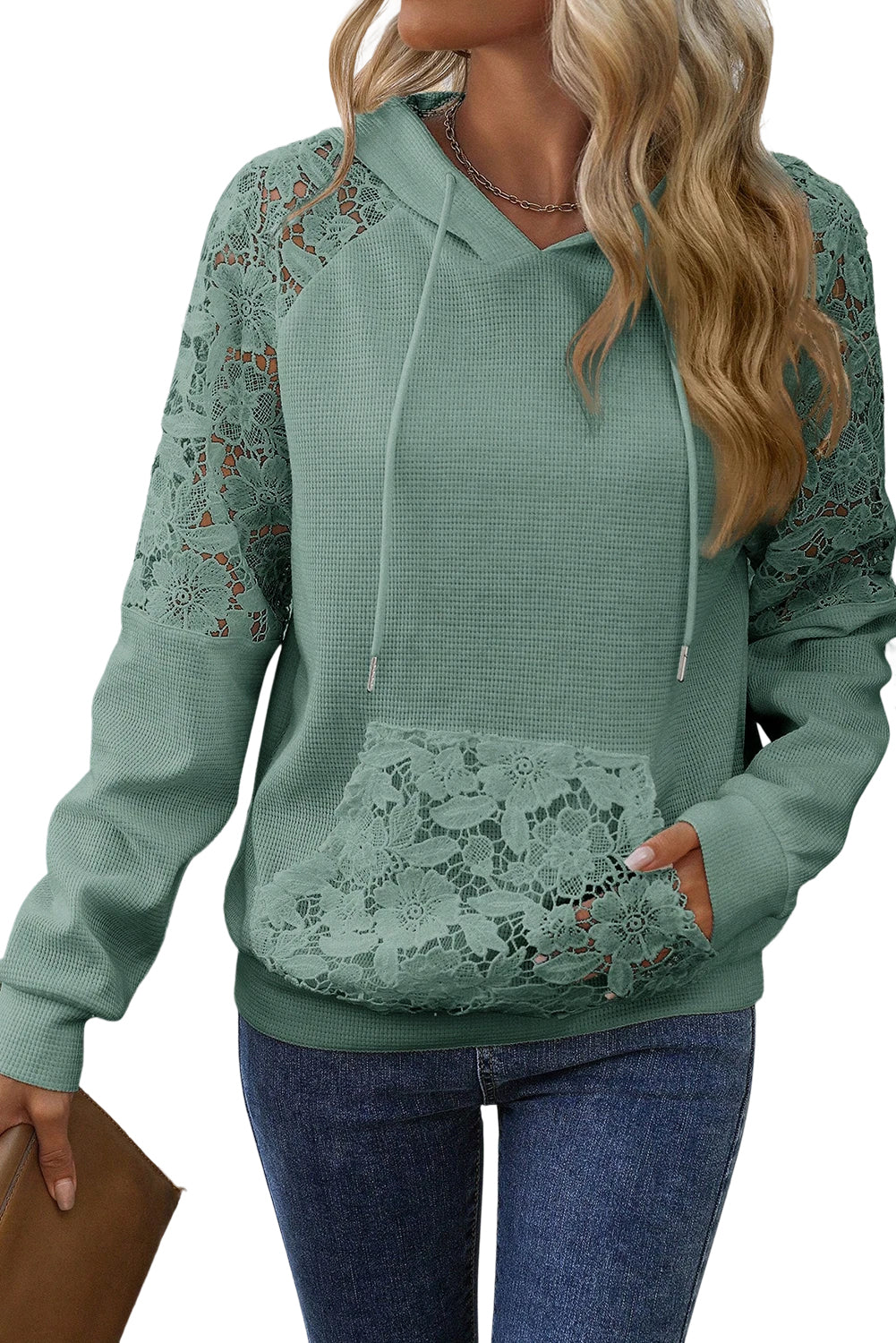 Gossamer Pink Lace Patchwork Raglan Sleeve Kangaroo Pocket Waffle Hoodie Sweatshirts & Hoodies 0bd4cf29b590d4ea