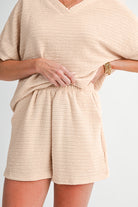 Pink Textured V Neck T Shirt and Shorts Set Two Piece Shorts Sets 0bdaedf9cefe4d91