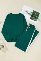 Sea Green Solid Color Pullover Top Varsity Stripe Detail Loose Drawstring Pants Set Two Piece Pants Sets 0bfc07217028440f