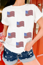 White Sequin American Flag Patched Casual T Shirt Graphic Tees 0bfc98ce98cbffb3