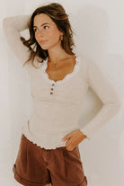 Beige Lace Neckline Button Decor Lettuce Edge Long Sleeve Ribbed Top Long Sleeve Tops 0c028cae317291c3