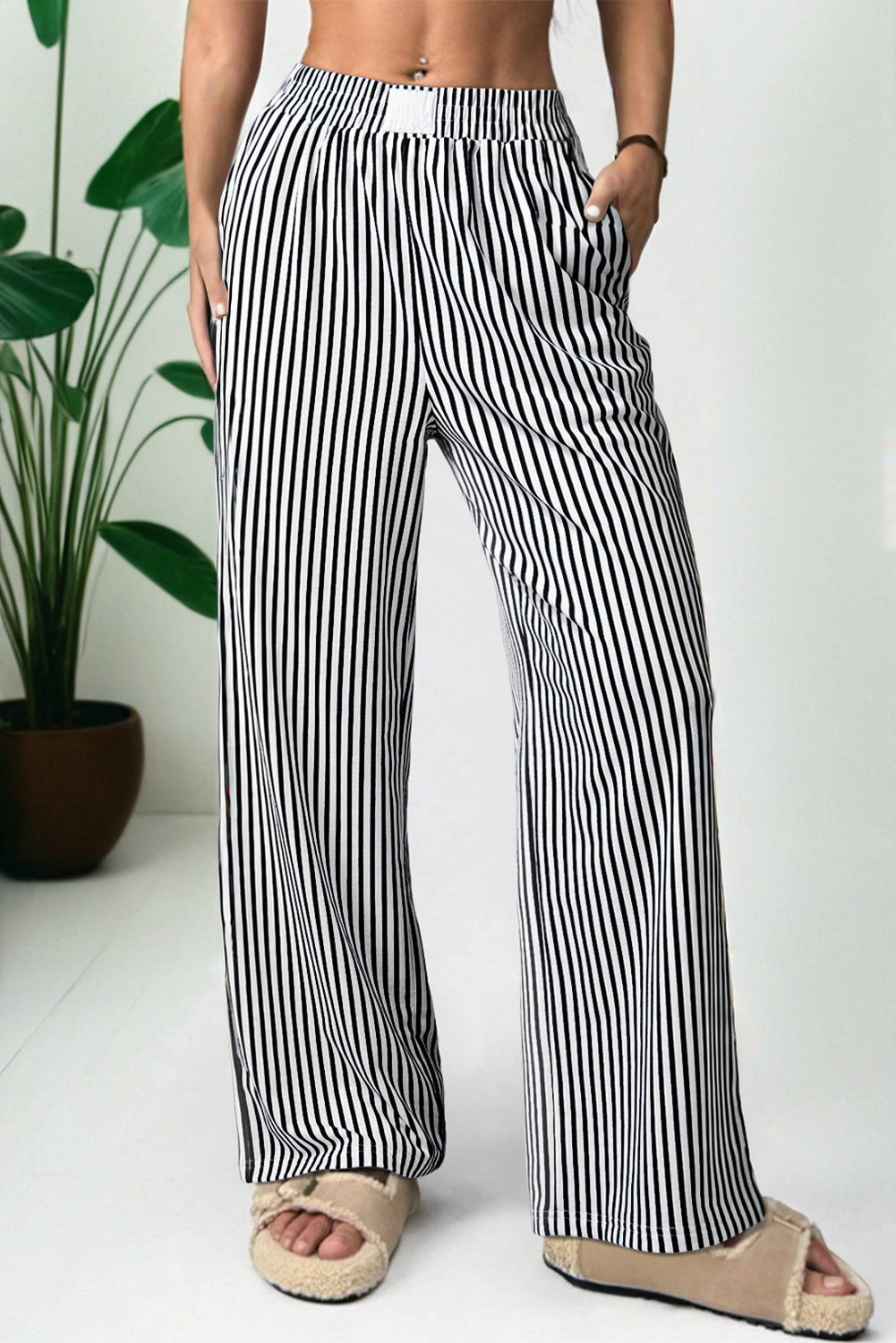 Brown Striped Elastic Waistband Pocketed Loose Pants Pants 0c6da8bb705f1bdb