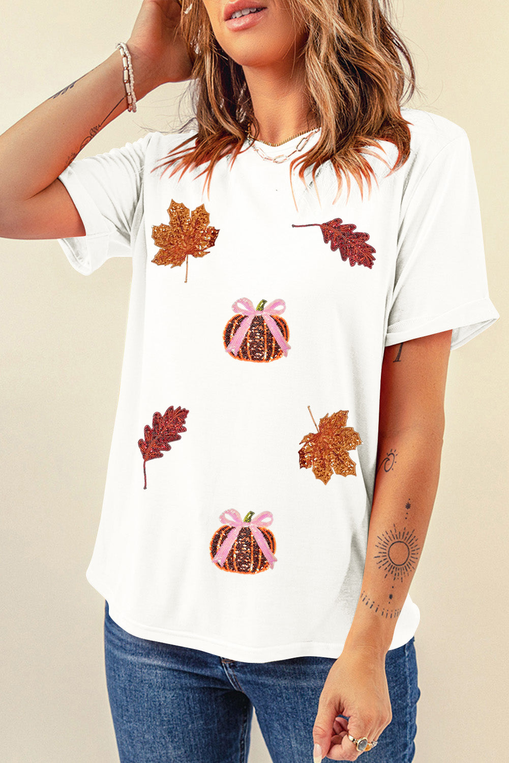 White Pumpkin Leaves Sequins Patch Fall Vibe Graphic T Shirt Graphic Tees 0c7e6674f4f5af26