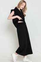 Black Textured Ruffle Cap Sleeve Top and Wide Leg Pants Set Two Piece Pants Sets 0c83d773d2027c3b