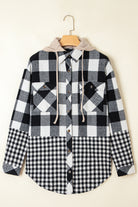 Black Plaid Patchwork Drawstring Hooded Raw Hem Shacket Jackets 0ca57b5a8f0155dc