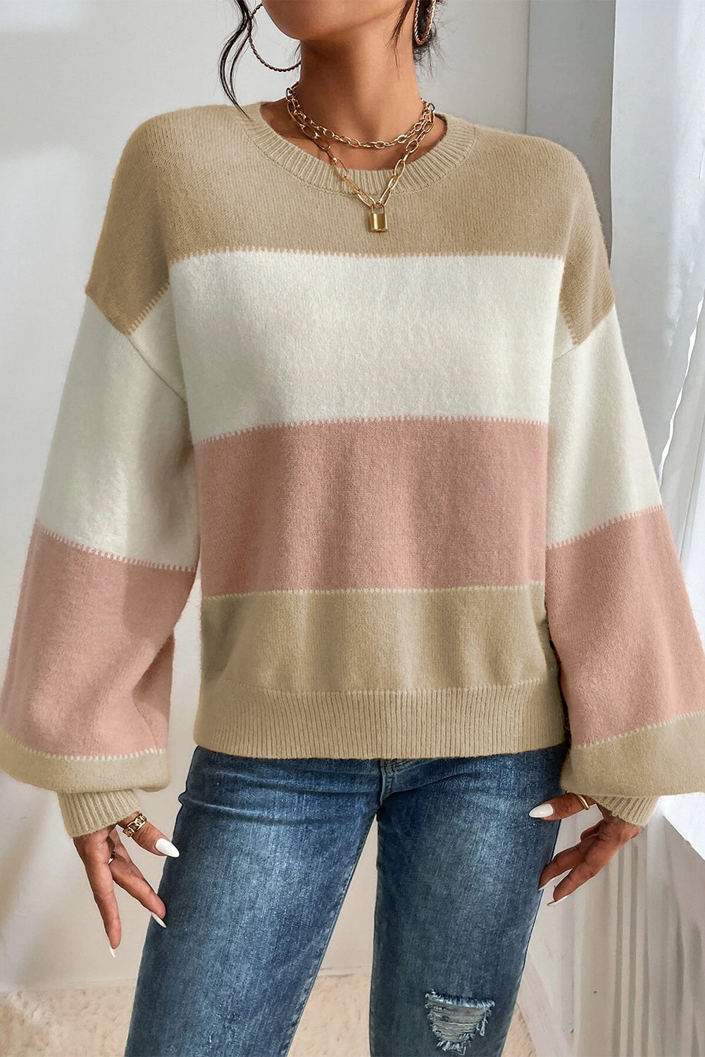Dusty Pink Color Block Lantern Sleeve Drop Shoulder Sweater Sweaters 0cd8309f2a354c7b