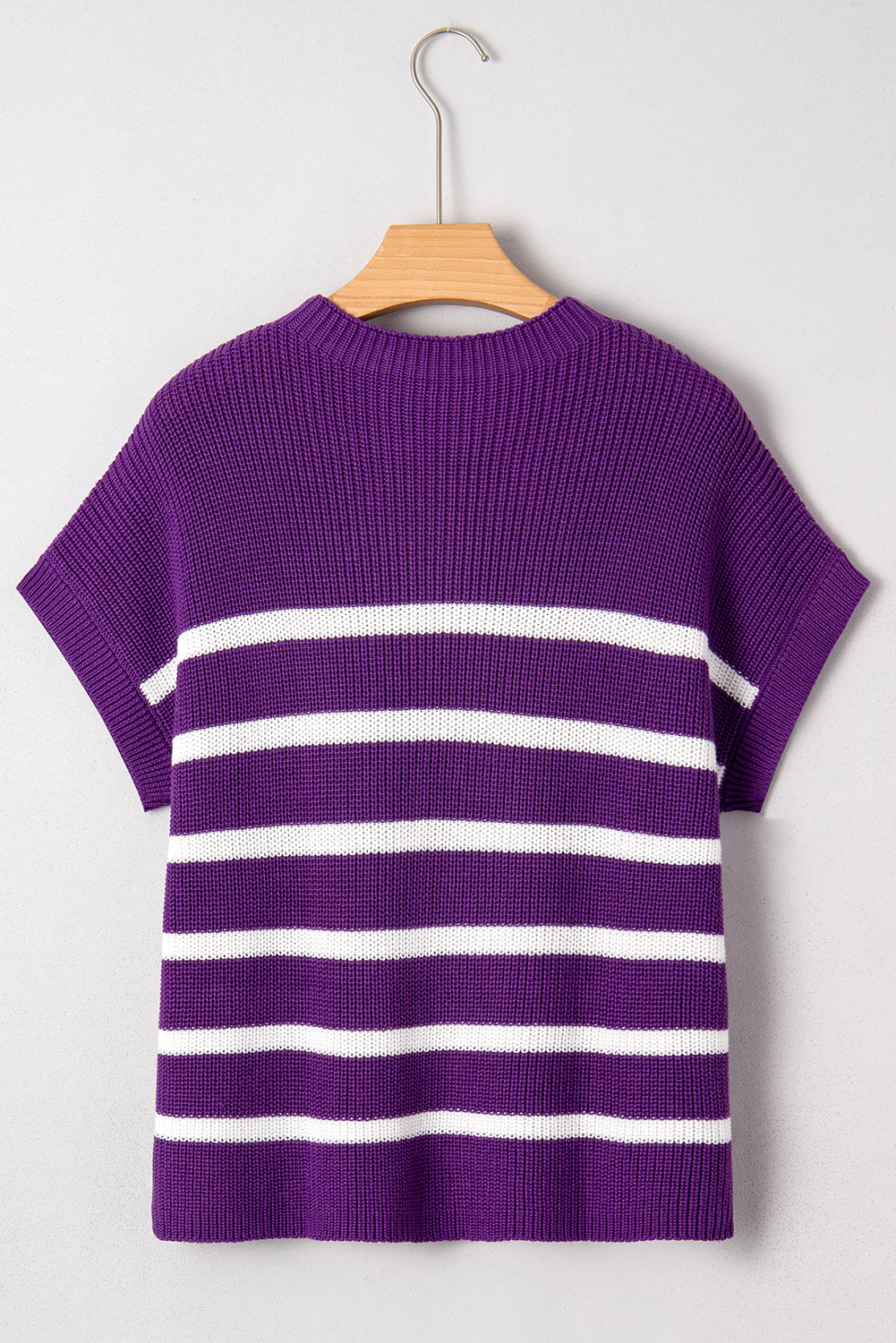 Purple Stripe Raw Edge Patched Pocket Short Sleeve Knit Sweater Sweaters 0cdc2db703390050