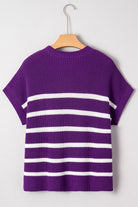 Purple Stripe Raw Edge Patched Pocket Short Sleeve Knit Sweater Sweaters 0cdc2db703390050